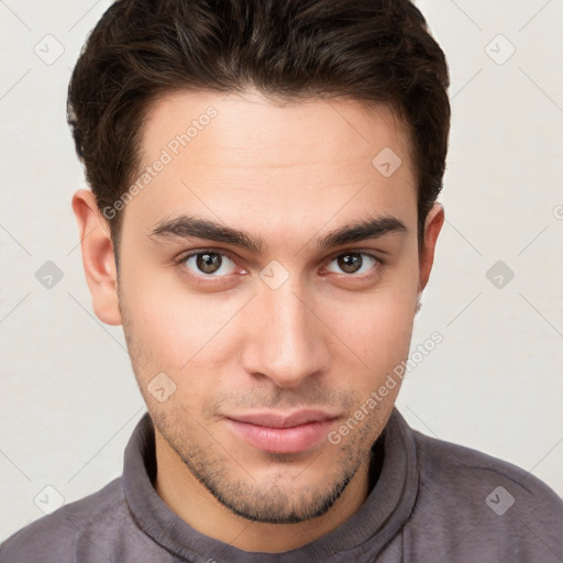 Neutral white young-adult male with short  brown hair and brown eyes