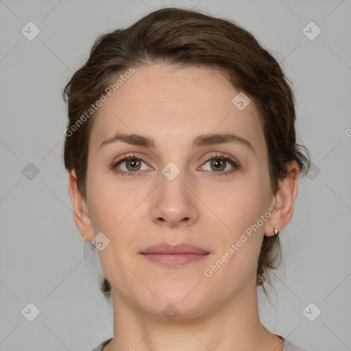 Neutral white young-adult female with medium  brown hair and brown eyes