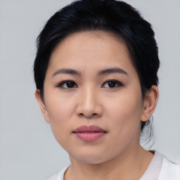 Neutral asian young-adult female with short  black hair and brown eyes