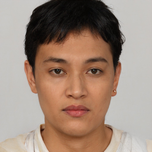 Neutral asian young-adult male with short  brown hair and brown eyes