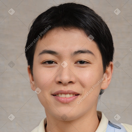 Joyful asian young-adult female with short  brown hair and brown eyes