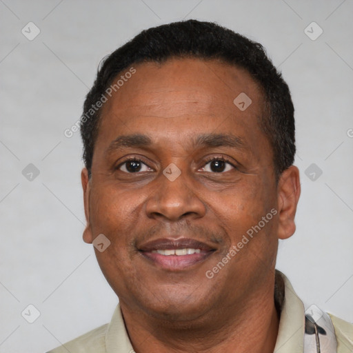 Joyful black adult male with short  brown hair and brown eyes