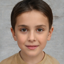 Joyful white child female with short  brown hair and brown eyes