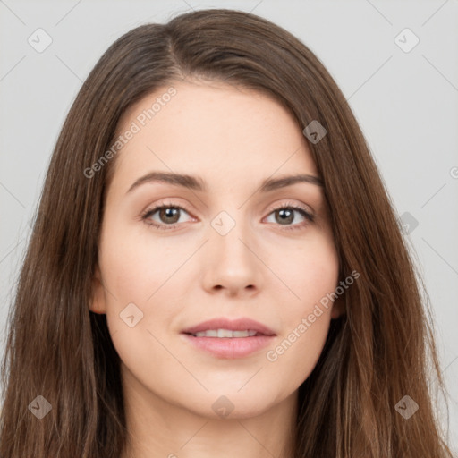 Neutral white young-adult female with long  brown hair and brown eyes