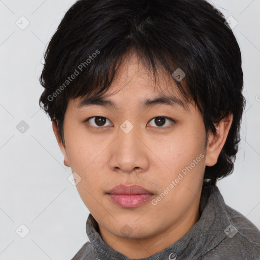 Neutral asian young-adult female with short  brown hair and brown eyes