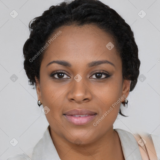 Joyful black young-adult female with medium  black hair and brown eyes