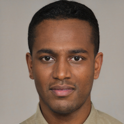 Neutral black young-adult male with short  black hair and brown eyes