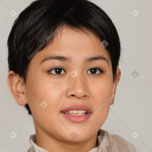 Joyful latino young-adult female with short  brown hair and brown eyes