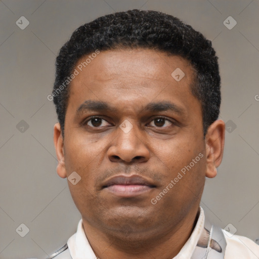 Neutral black young-adult male with short  black hair and brown eyes