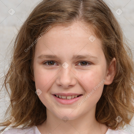 Joyful white child female with medium  brown hair and brown eyes