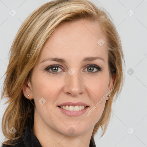 Joyful white young-adult female with medium  brown hair and blue eyes