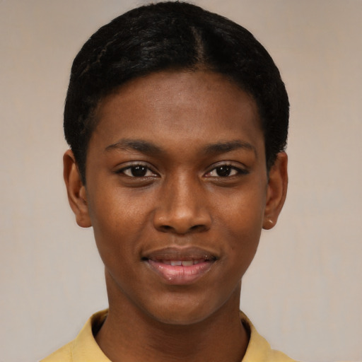 Joyful latino young-adult female with short  black hair and brown eyes