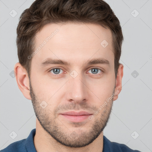 Neutral white young-adult male with short  brown hair and grey eyes