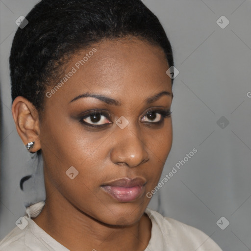 Neutral black young-adult female with short  brown hair and brown eyes