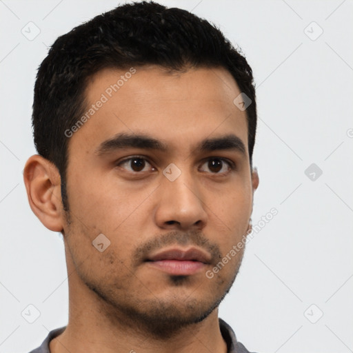 Neutral latino young-adult male with short  black hair and brown eyes