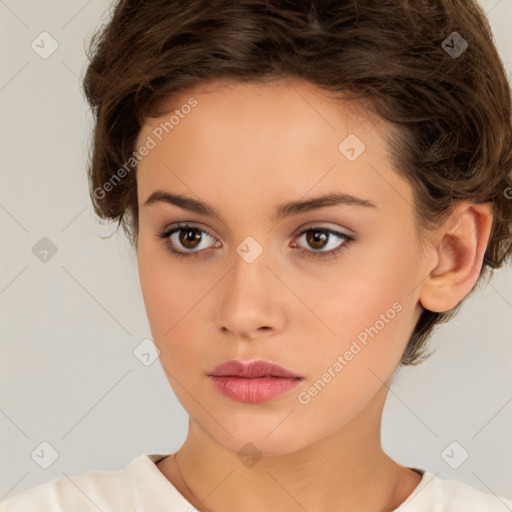 Neutral white young-adult female with short  brown hair and brown eyes