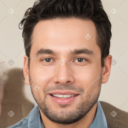 Joyful white young-adult male with short  brown hair and brown eyes