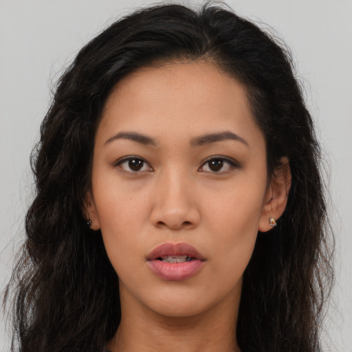 Neutral asian young-adult female with long  brown hair and brown eyes