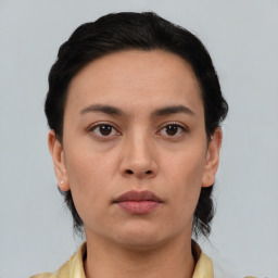 Neutral asian young-adult female with short  black hair and brown eyes