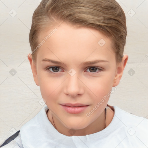 Joyful white child female with short  brown hair and brown eyes