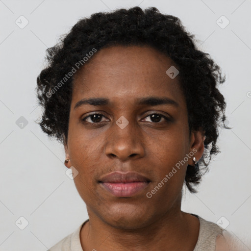 Neutral black young-adult female with short  black hair and brown eyes