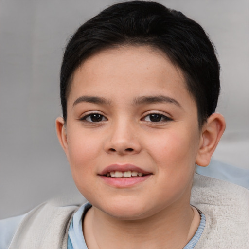 Joyful white child female with short  brown hair and brown eyes