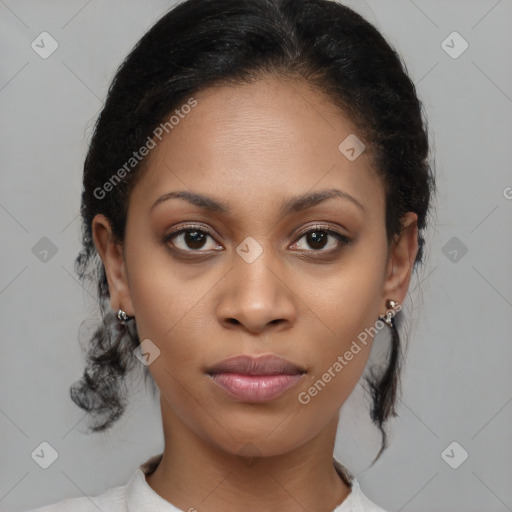 Joyful black young-adult female with medium  brown hair and brown eyes