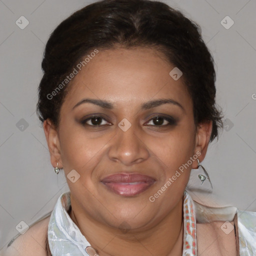 Joyful latino adult female with short  brown hair and brown eyes