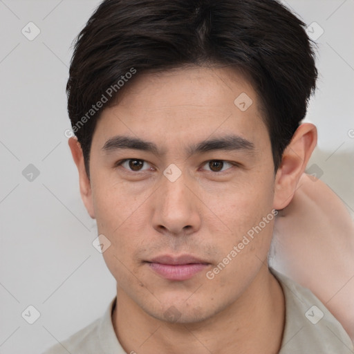 Neutral white young-adult male with short  brown hair and brown eyes