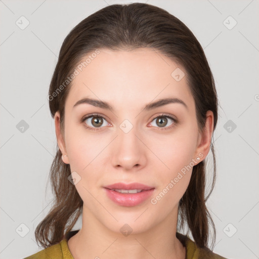 Neutral white young-adult female with medium  brown hair and brown eyes