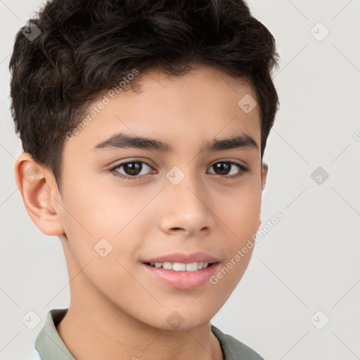 Joyful white child male with short  brown hair and brown eyes