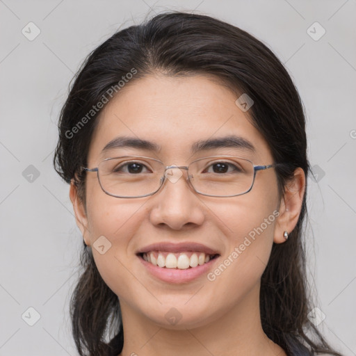 Joyful white young-adult female with medium  brown hair and brown eyes