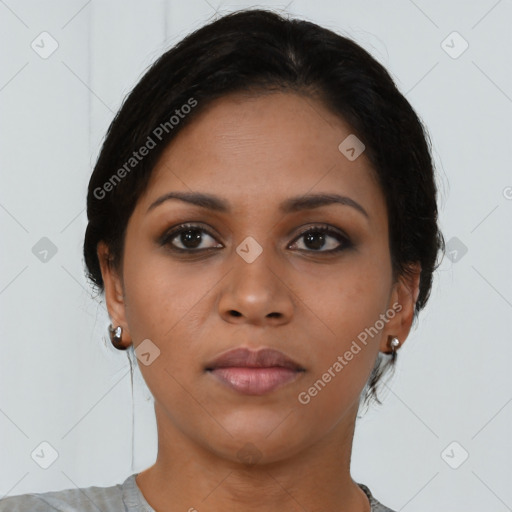 Neutral black young-adult female with short  brown hair and brown eyes