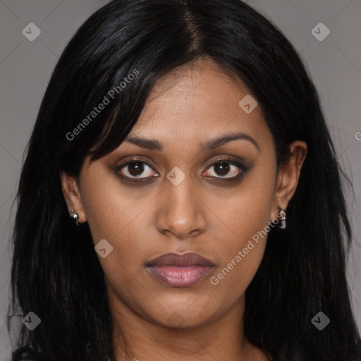 Joyful asian young-adult female with long  black hair and brown eyes