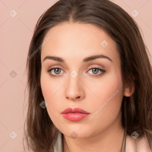 Neutral white young-adult female with long  brown hair and brown eyes