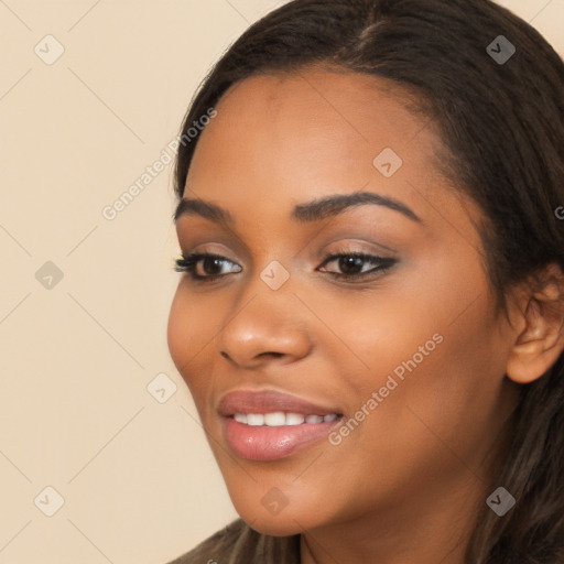 Joyful latino young-adult female with long  black hair and brown eyes