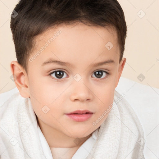 Joyful white child female with short  brown hair and brown eyes