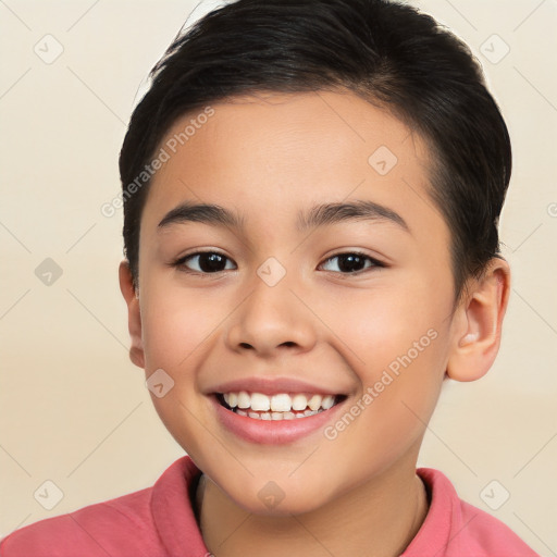 Joyful white child female with short  brown hair and brown eyes