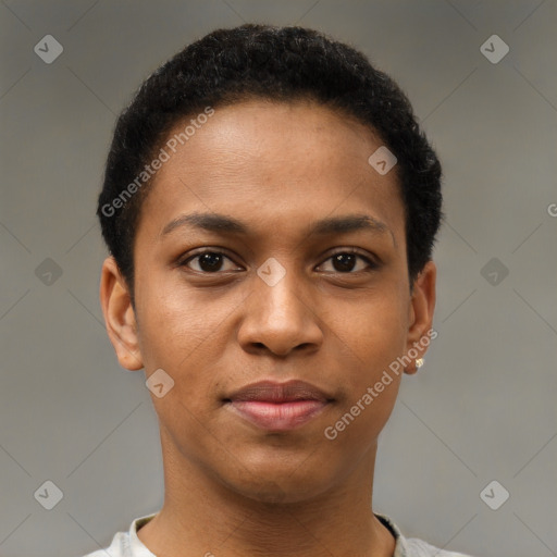 Joyful black young-adult female with short  brown hair and brown eyes