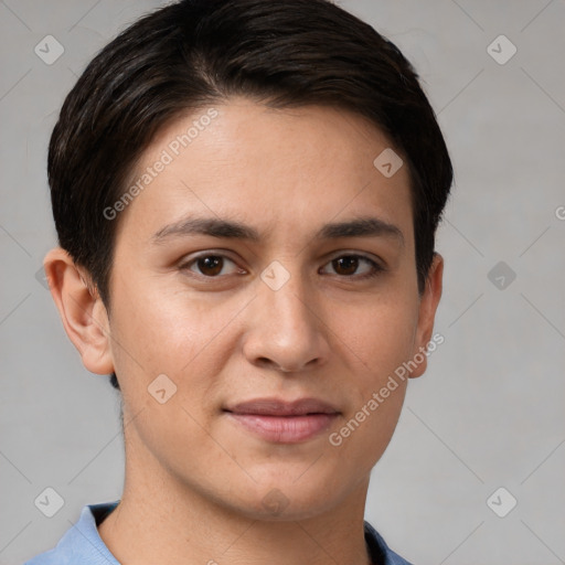 Joyful white young-adult female with short  brown hair and brown eyes