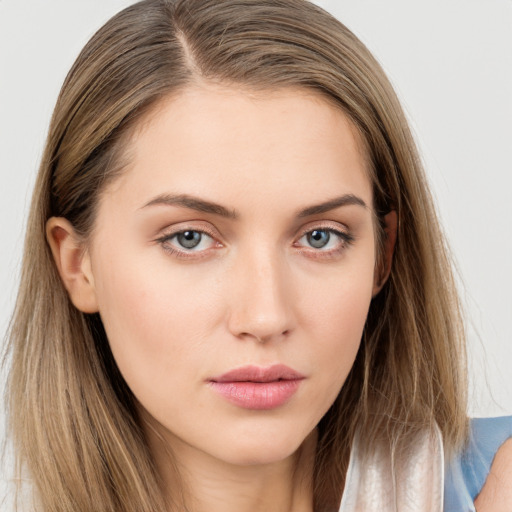 Neutral white young-adult female with long  brown hair and grey eyes