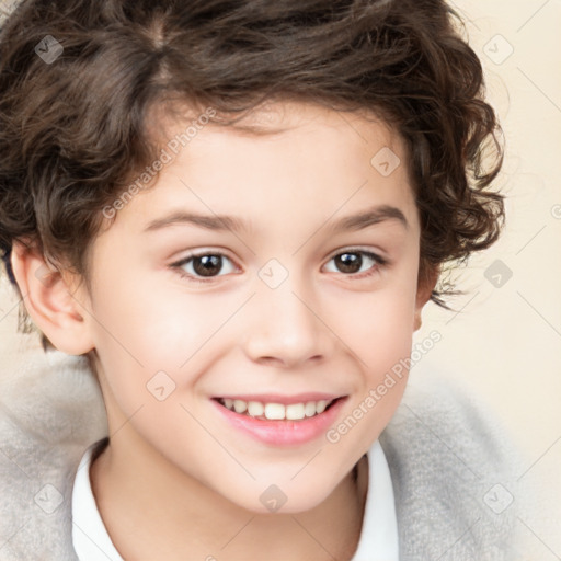 Joyful white child female with short  brown hair and brown eyes