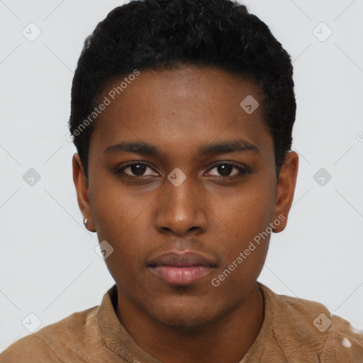 Neutral black young-adult male with short  black hair and brown eyes