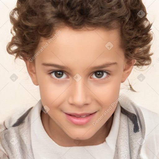 Joyful white child female with short  brown hair and brown eyes