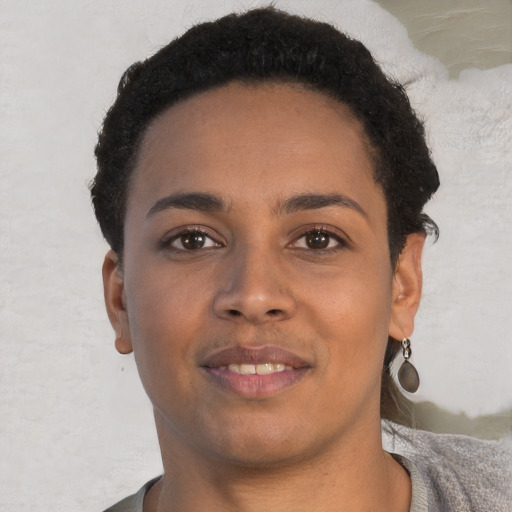 Neutral black young-adult female with short  brown hair and brown eyes