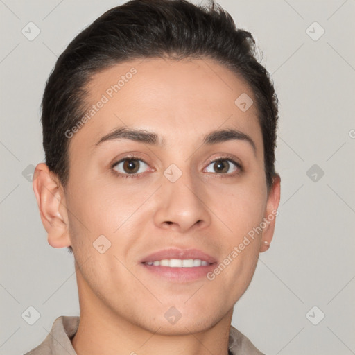 Joyful white young-adult female with short  brown hair and brown eyes