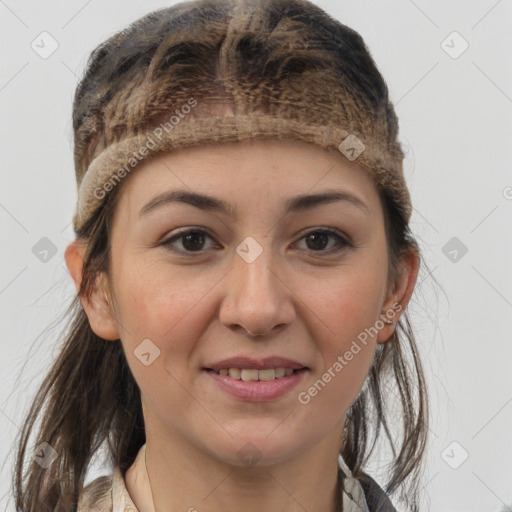 Joyful white young-adult female with medium  brown hair and grey eyes