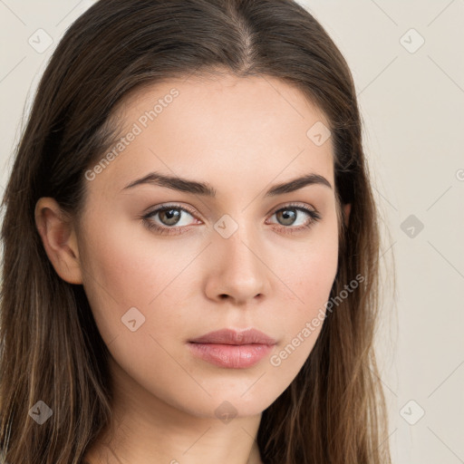 Neutral white young-adult female with long  brown hair and brown eyes