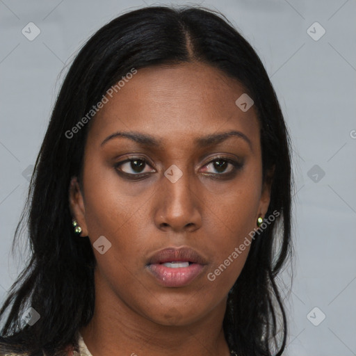 Neutral black young-adult female with long  brown hair and brown eyes