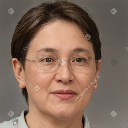 Joyful white adult female with short  brown hair and brown eyes